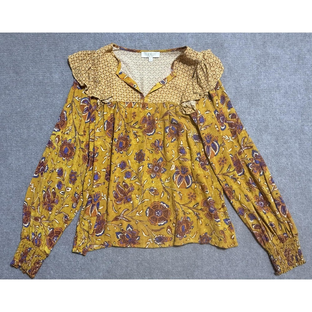 Farmers Market Floral Mustard Ruffle-Yoke Blouse